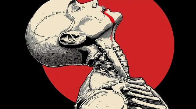 Crimson Agony: A macabre illustration of anatomical figure against a red backdrop