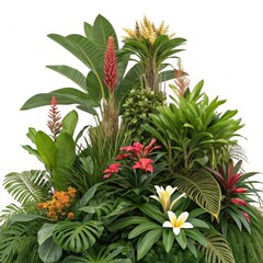 Tropical Paradise Lush Green Foliage and Vibrant Blooms, Digital Composition, 3D Render, White Background, Floral Arrangement Tropical Plants, 3D Rendering