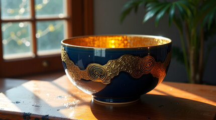 Ceramic bowl with golden swirl design and navy glaze resting on polished wood under warm natural light