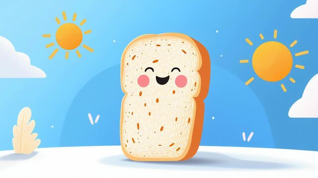 A cartoonish slice of bread with a smiling face and rosy cheeks stands against a bright blue sky, surrounded by yellow suns and fluffy white clouds.