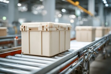 Beige plastic box on a factory conveyor belt.