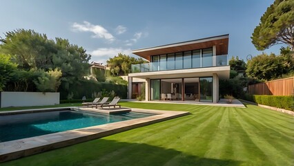 Green lawn with a garden including swimming pool in a modern house and blue sky
