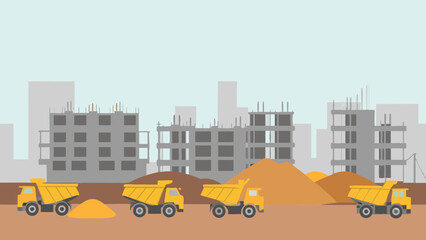 Illustration of a construction site with dump trucks and buildings under construction in the background