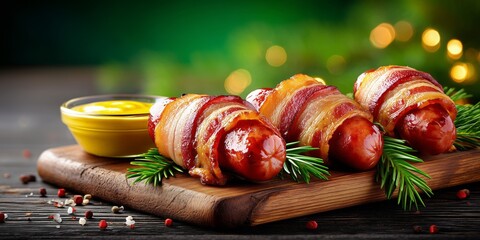 Festive pigs in blankets with mustard dip and pine garnish on wooden board
