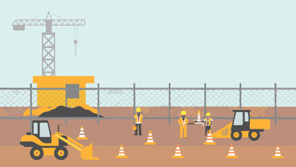 Illustration of a construction site with a crane, workers, and heavy machinery at work on a project