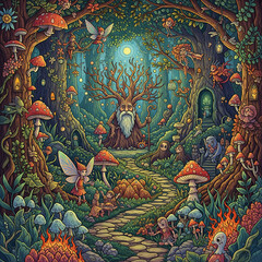 Fototapeta premium Intricate Fantasy Forest with Magical Creatures, Fairies, and Luminous Mushrooms Under a Full Moon
