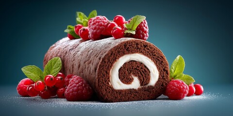 Festive chocolate yule log cake roll with cream raspberries and mint