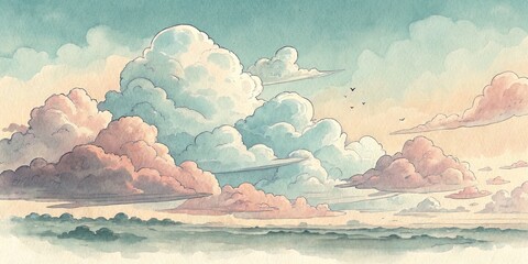 Watercolor Cloudscape Pastel Hues and Cumulus Composition, Landscape Painting, Sky Art Clouds, Watercolor Painting