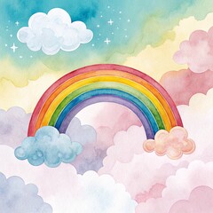 Watercolor Rainbow in Pastel Cloudscape Fantasy Art, Rainbow, Clouds Rainbow, Watercolor