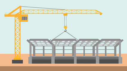 Yellow crane lifting a gray structure at a construction site under a light blue sky in a flat style