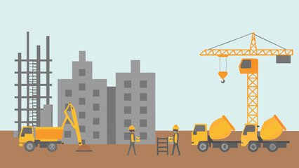 Illustration of a construction site with buildings, crane, trucks and construction workers present