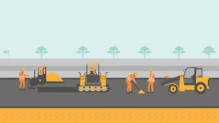 Road construction scene with workers and heavy machinery laying asphalt on a sunny day landscape view