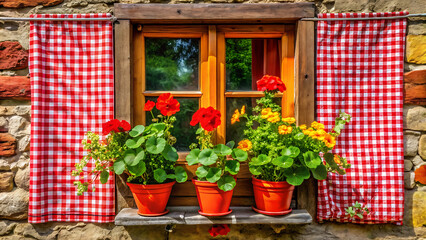 Obraz premium Folk style window with bright red frame and gingham curtain aesthetic