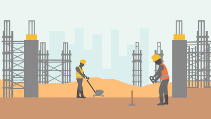 Construction workers at a building site with scaffolding and concrete pillars under a light blue sky