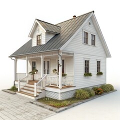 White Farmhouse Exterior 3D Render Porch, Gable Roof, Landscaping, House Design, Home Exterior. Farmhouse, 3D rendering