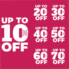 up to 10% off sale offer banner and sticker design. price decrease text and sign symbol. stock and sale sticker collection. 80% off sale.  