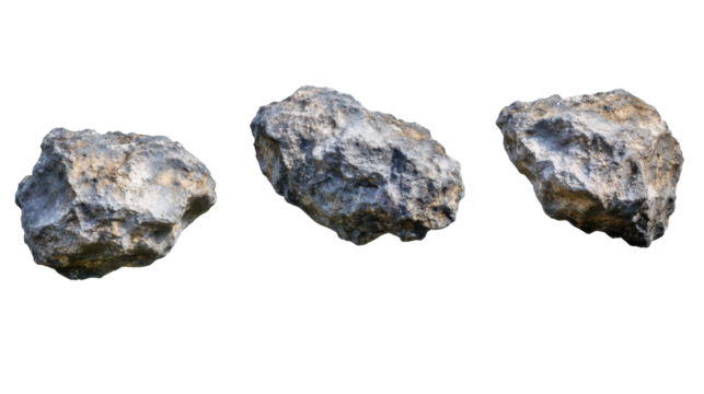 Collection of Three Distinct Asteroids with Unique Textures and Surfaces Isolated on Transparent Background