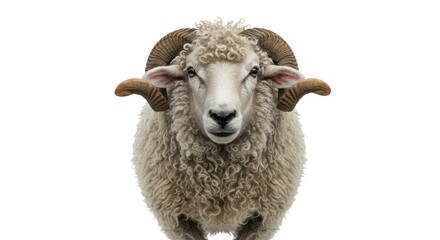 Sheep with Curly Wool and Curved Horns in Isolated White Background