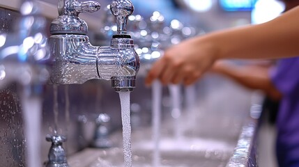 Cleanliness and Hygiene: Multiple chrome faucets with flowing water, emphasizing the importance of handwashing and sanitation.