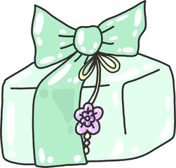 Traditional Korean Gift Wrap in Mint Green with Flower Tassel – Hand-Drawn Bojagi Style Present PNG