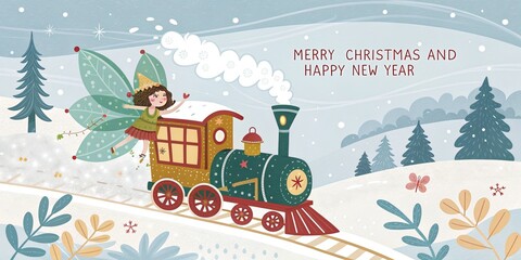 Winter Fairy on Christmas Train Digital Illustration, Holiday Concept, Snow Scene, Fairy Wings, Steam Train Christmas card, Winter wonderland