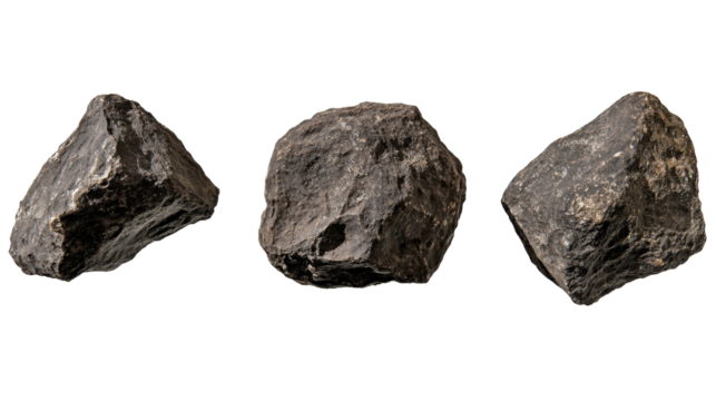 Collection of Three Unique Rough Black Rocks on Transparent Background for Geological Study