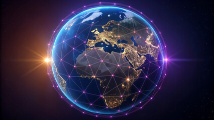 Digital globe network with glowing connection nodes around earth showing global communication


