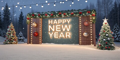 Winter Wonderland Happy New Year Sign 3D Render, Festive Decor, Snowy Background, Christmas Trees, Lights Christmas, New Year