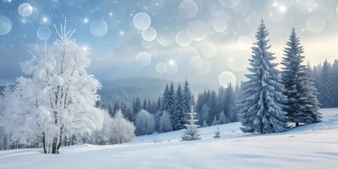 Winter Wonderland Snowy Forest Landscape with Bokeh Effect, Winter Scene, Snow Trees Winter landscape, snow, bokeh