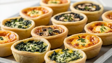 Assortment of Mini Quiches with Spinach Mushroom and Cheese on Silver Tray in Bright Studio Lighting - Powered by Adobe