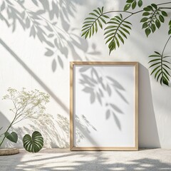 Wooden Frame Mockup Botanical Shadow Play, Minimalist Composition, White Background,Plant Shadow Mockup,Minimalist