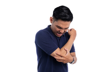 Asian man scratching painful elbow with irritated and uncomfortable expression isolated on...