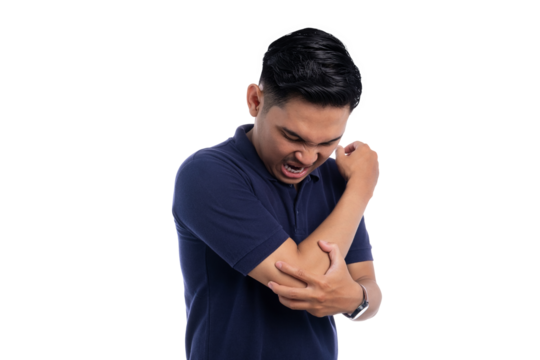 Asian man scratching painful elbow with irritated and uncomfortable expression isolated on transparent background