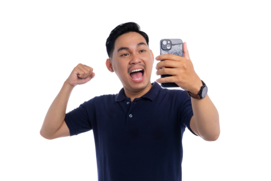 Excited Asian man celebrating while holding smartphone and making video call isolated on transparent background