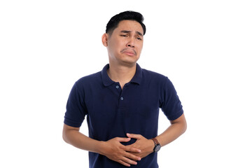 Asian man suffering from stomach pain with uncomfortable and sad facial expression isolated on...