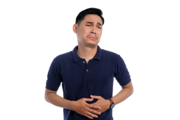 Asian man suffering from stomach pain with uncomfortable and sad facial expression isolated on transparent background