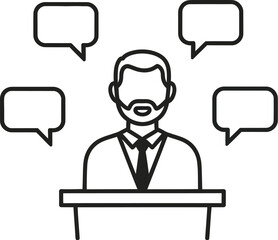 A speaker at a podium is surrounded by speech bubbles, conveying communication, public speaking, and the sharing of ideas in a minimalist line art style.