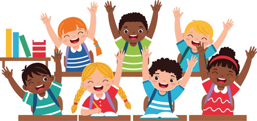 Enthusiastic cartoon students with backpacks are raising their hands in a classroom setting, showcasing diversity and engagement in education, perfect for illustrating learning and childhood.