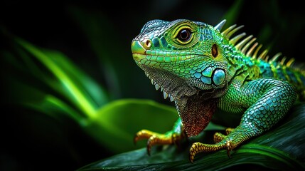 Fototapeta premium Vibrant green iguana, detailed close-up, on dark foliage