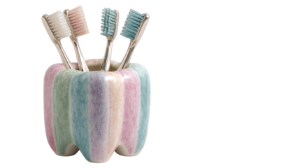 A glazed porcelain toothbrush holder highlighting soft pastel tones, white background --ar 16:9