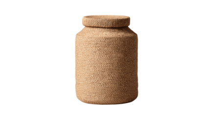 A handwoven jute coffee canister with smooth tapered edges, white background --ar 16:9