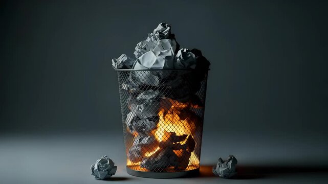 Burning Trash Can Filled with Crumpled Papers on Dark Grey Background