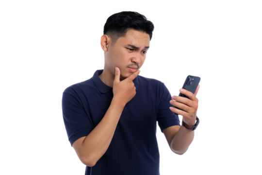 Asian man looking confused while checking smartphone with puzzled facial expression isolated on transparent background