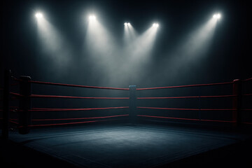 Boxer throwing a powerful punch in the boxing ring under spotlights.