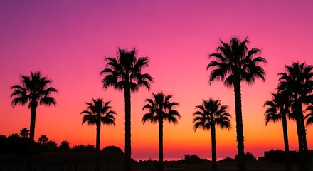 Naklejka premium Silhouetted palm trees stand against a vibrant sunset sky with hues of pink, orange, and purple.
