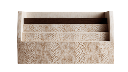 A lacquered wood letter holder featuring textured detailing, white background --ar 16:9