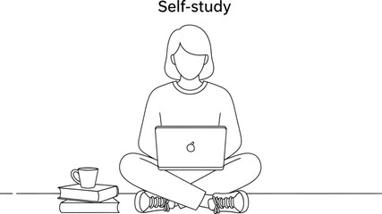 Line art illustration of a woman sitting cross-legged with a laptop, books, and a cup, representing self-study, learning, and education in a minimalist style for various creative projects.