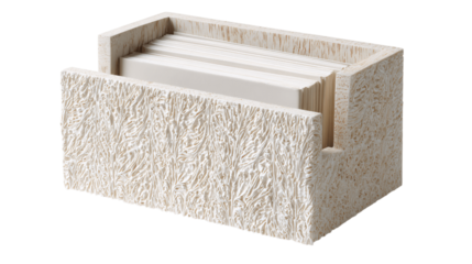 A lacquered wood letter holder featuring textured detailing, white background --ar 16:9