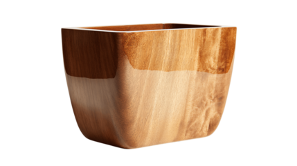 A lacquered wood planter with smooth tapered edges, white background --ar 16:9