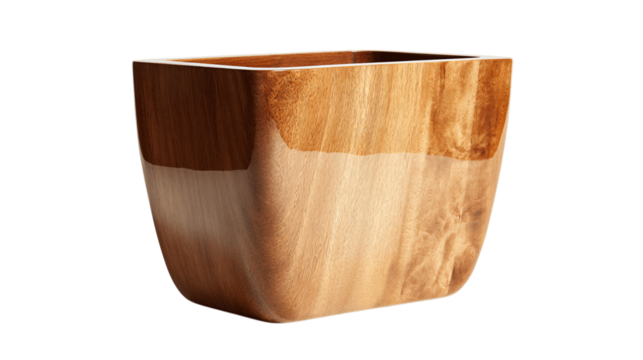 A lacquered wood planter with smooth tapered edges, white background --ar 16:9